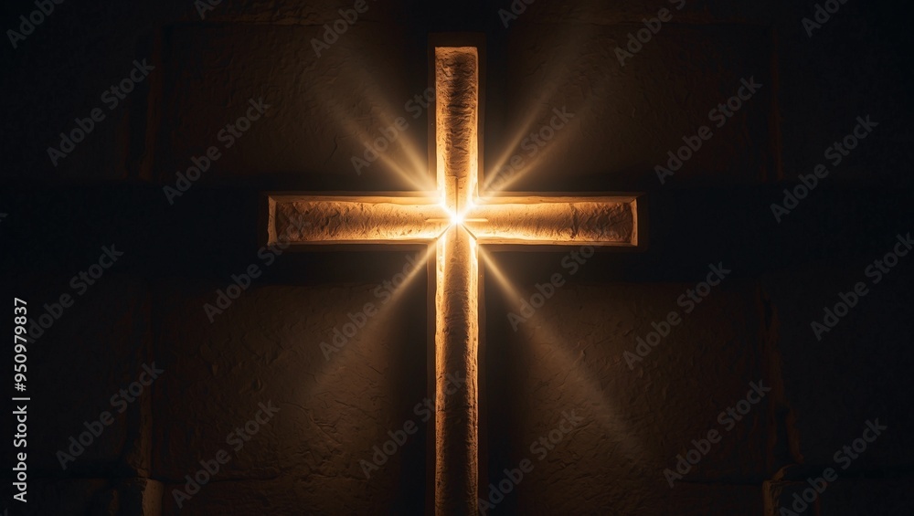Naklejka premium Illuminated wooden cross bathed in soft golden light on stone wall.