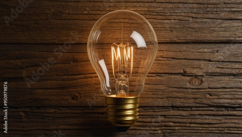 Classic incandescent light bulb with visible filament on wooden wall. photo