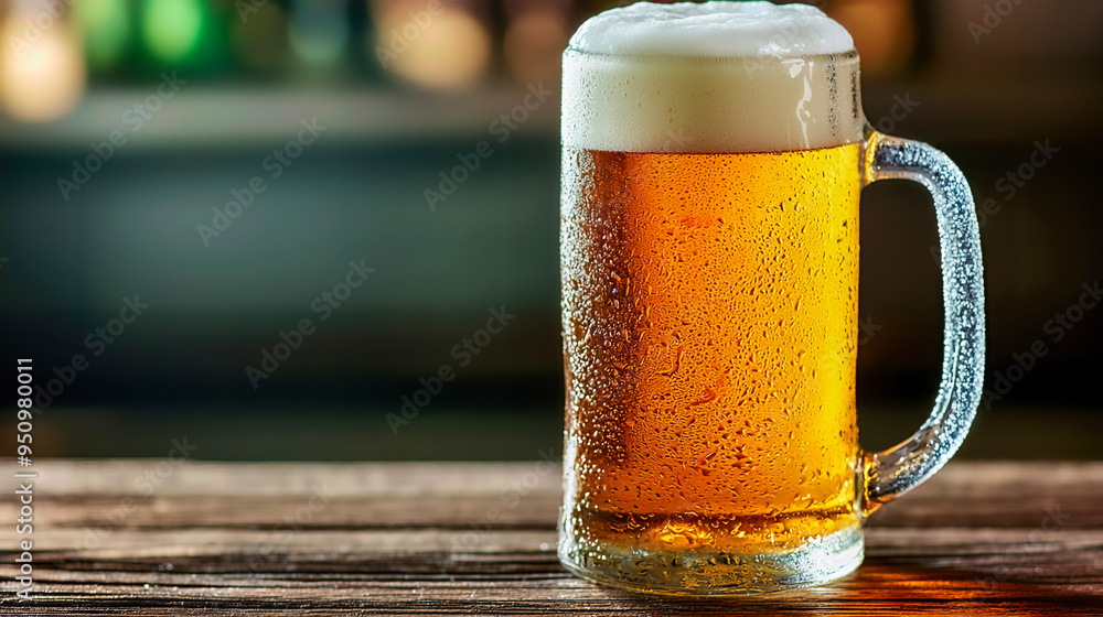 A frosty mug of beer with a thick head of foam sits on a wooden table, ready to be enjoyed in a cozy bar setting. A frosty mug of beer with a thick head of foam sits on a wooden table, ready to be enjoyed in a cozy bar setting.