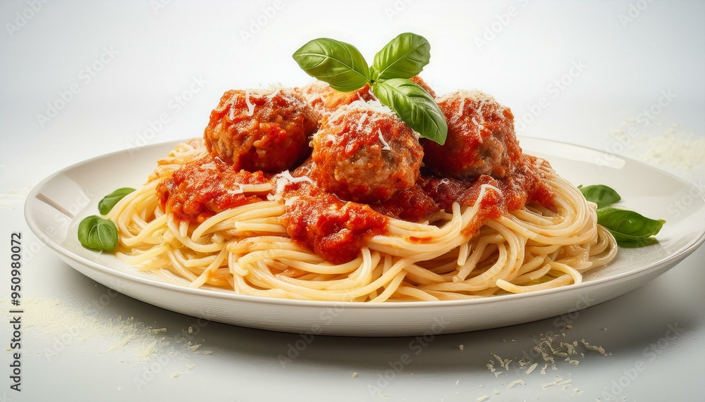 A portion of spaghetti with marinara sauce and meatballs, sprinkled with Parmesan, on a whit A portion of spaghetti with marinara sauce and meatballs, sprinkled with Parmesan, on a whit