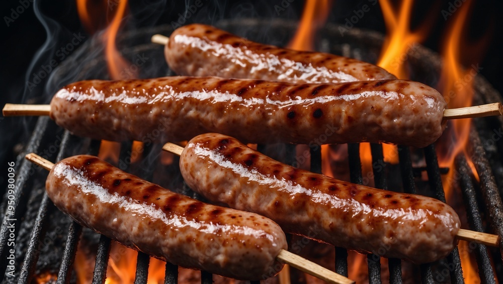 Grilled sausages on skewers being cooked over an open flame grill. Grilled sausages on skewers being cooked over an open flame grill.
