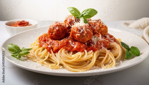  A portion of spaghetti with marinara sauce and meatballs, sprinkled with Parmesan, on a whit 