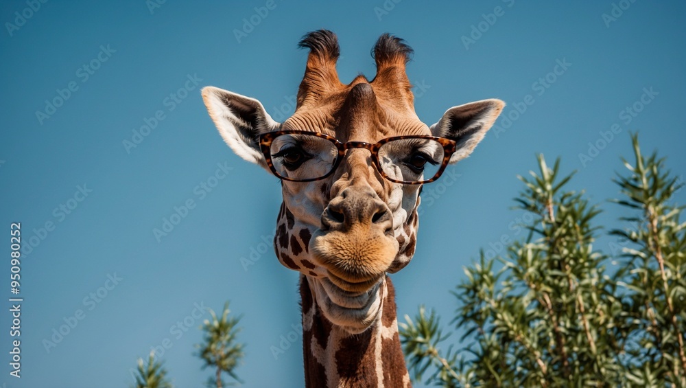 Fototapeta premium A giraffe with glasses against a blue sky and green foliage background