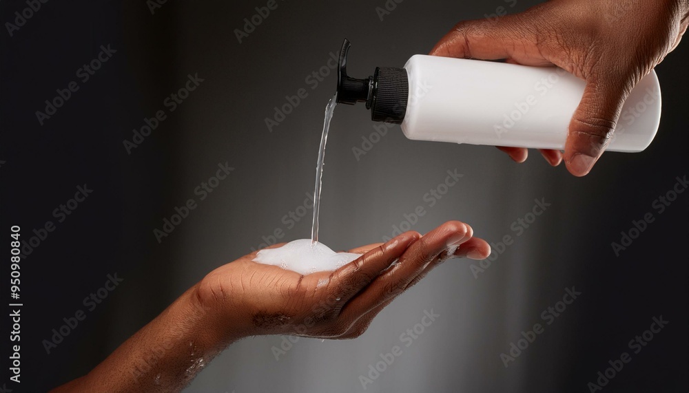 Hairdresser’s hands squeezing shampoo into the palm before application, with the background Hairdresser’s hands squeezing shampoo into the palm before application, with the background