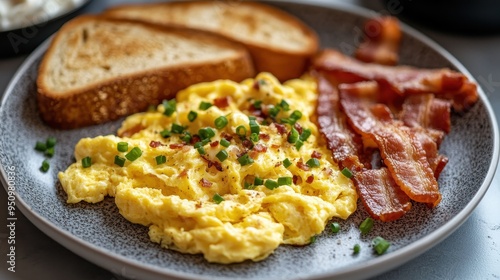 Delicious Scrambled Eggs with Crispy Bacon Breakfast