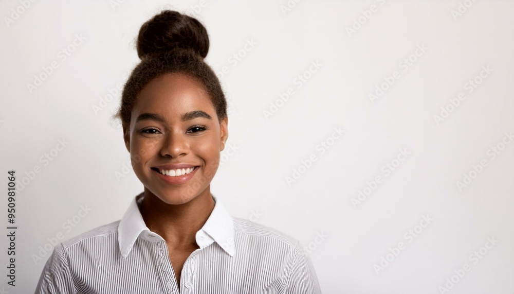 Portrait of a Black woman with a sleek low bun, wearing a crisp button-up shirt, smiling con Portrait of a Black woman with a sleek low bun, wearing a crisp button-up shirt, smiling con