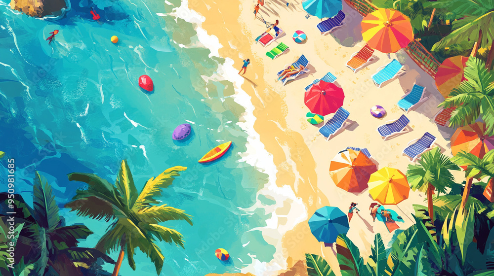 A vibrant illustration of a tropical beach paradise with palm trees, crystal-clear waters, and sandy shores. A vibrant illustration of a tropical beach paradise with palm trees, crystal-clear waters, and sandy shores.