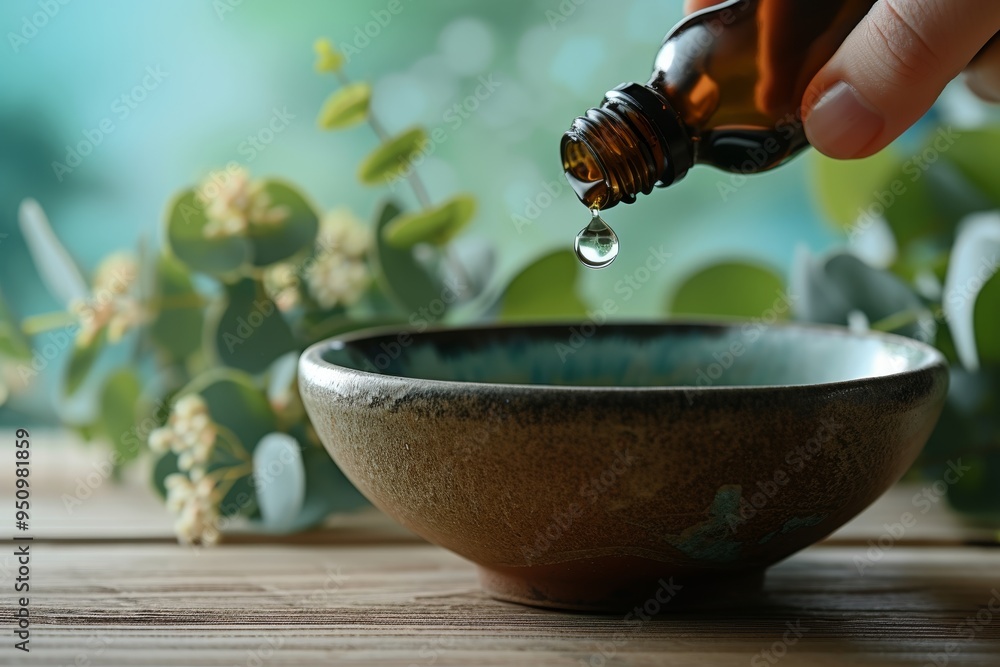 Naklejka premium Woman adding eucalyptus oil to bowl on table