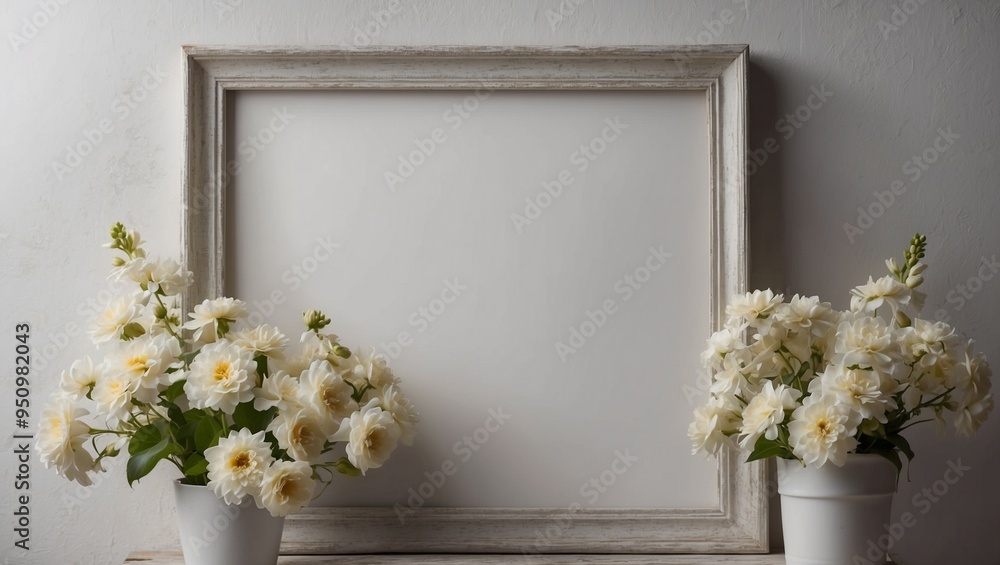 Blank picture frame with white flowers in pots on either side
