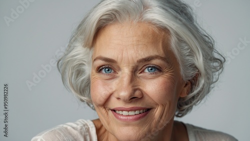 Elderly woman with silver hair smiling warmly in close-up portrait.