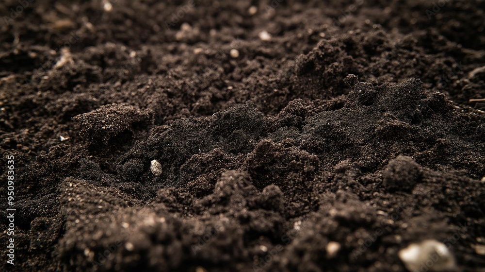 Close-up view of rich, dark soil with a textured surface. Close-up view of rich, dark soil with a textured surface.