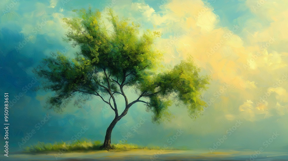 Illustration of a solitary tree at sunrise with vibrant green leaves against a soft, pastel-colored sky. Illustration of a solitary tree at sunrise with vibrant green leaves against a soft, pastel-colored sky.