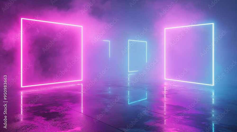 A futuristic corridor illuminated by glowing neon frames in pink and blue. A futuristic corridor illuminated by glowing neon frames in pink and blue.