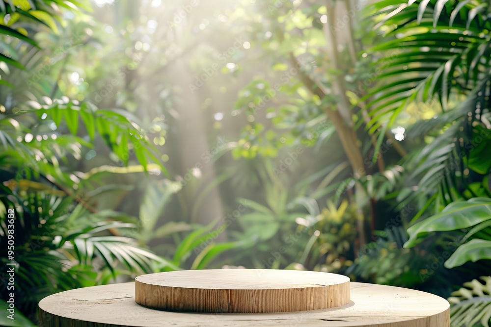 Wooden table top in a tropical garden with green jungle background representing nature during spring or summer Wooden table top in a tropical garden with green jungle background representing nature during spring or summer