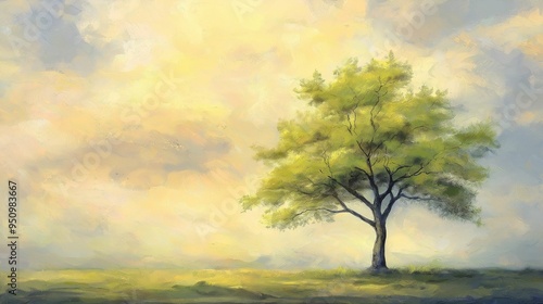 Illustration of a solitary tree at sunrise with vibrant green leaves against a soft, pastel-colored sky.