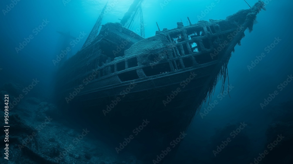 A haunting image of a sunken shipwreck lying deep underwater in a blue abyss. A haunting image of a sunken shipwreck lying deep underwater in a blue abyss.