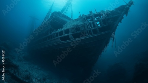 A haunting image of a sunken shipwreck lying deep underwater in a blue abyss.