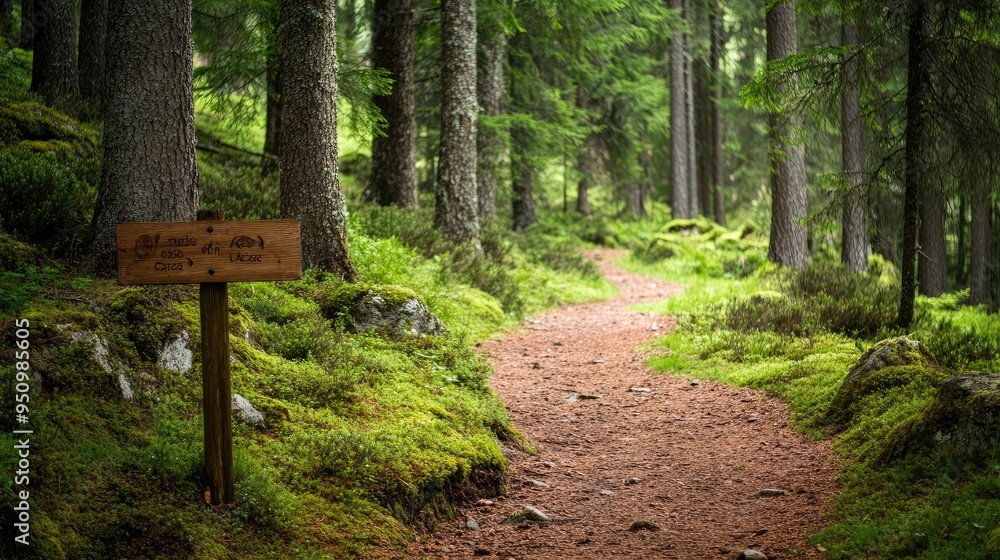 Obraz premium A forest trail with a sign encouraging conservation, representing the role of awareness in protecting nature.