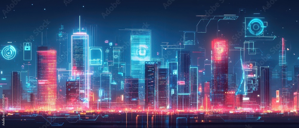 Futuristic Neon Cityscape with Glowing Skyscrapers and Holographic Technology Futuristic Neon Cityscape with Glowing Skyscrapers and Holographic Technology