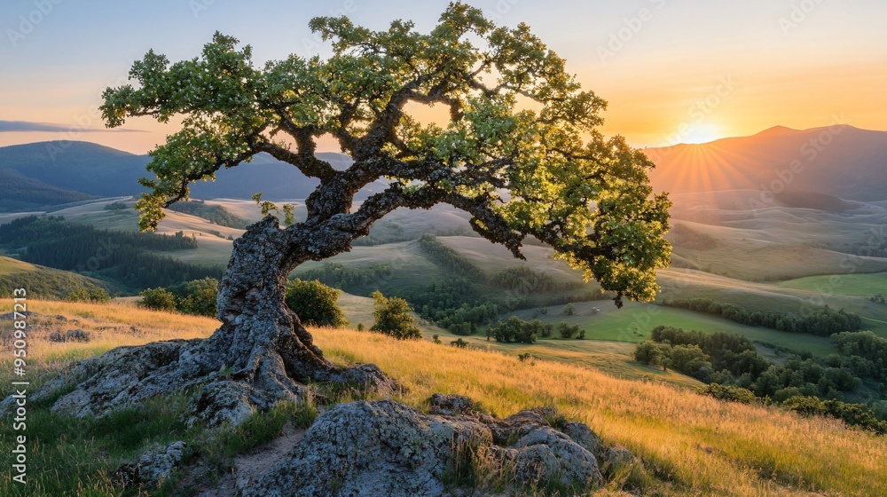 Ancient Majesty at Sunset: A solitary oak, gnarled and wise, stands sentinel on a mountaintop, bathed in the golden glow of a breathtaking sunset over rolling hills. Ancient Majesty at Sunset: A solitary oak, gnarled and wise, stands sentinel on a mountaintop, bathed in the golden glow of a breathtaking sunset over rolling hills.