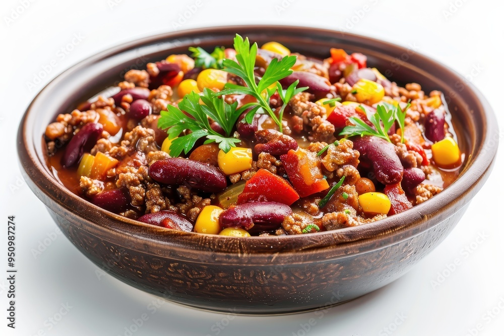 Chili con carne in a bowl on white background Chili con carne in a bowl on white background