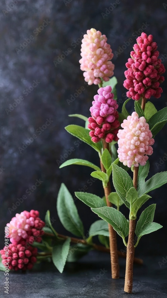 Fototapeta premium Pink and Red Flowers with Green Leaves on Dark Background
