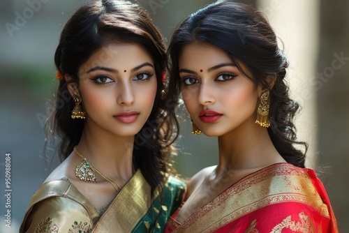 Elegant Indian models wearing traditional sarees showcase vibrant colors and intricate designs during a cultural celebration photo