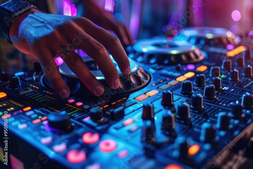 DJ performing live set on turntable console at night club