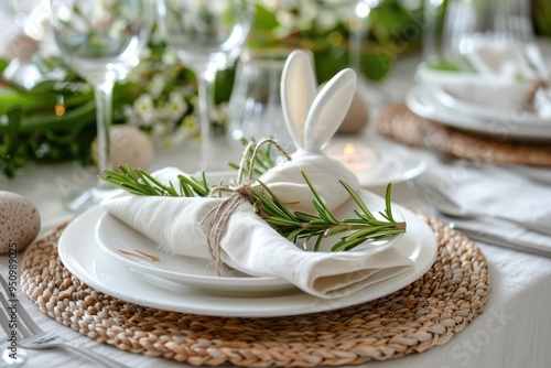 Easter themed table setting with bunny ear napkin ring closeup