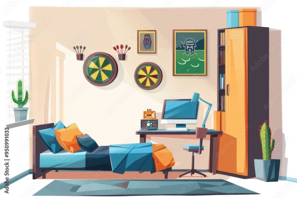 Fototapeta premium Home office setup with a bed, desk, and computer, ideal for remote work or studying