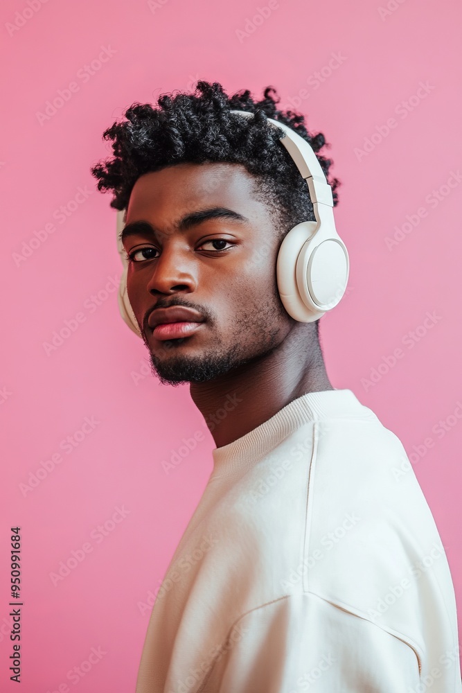Obraz premium Portrait of a young man wearing headphones on a pink wall background