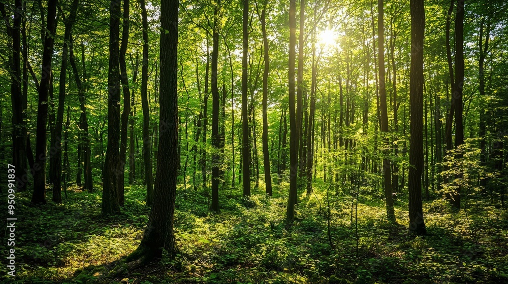 A dense green forest with sunlight breaking through the trees, rich and inviting A dense green forest with sunlight breaking through the trees, rich and inviting