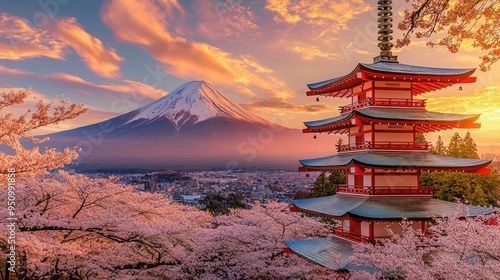 Fujiyoshida, Japan Beautiful view of mountain Fuji and Chureito pagoda at sunset, japan in the spring with cherry blossoms