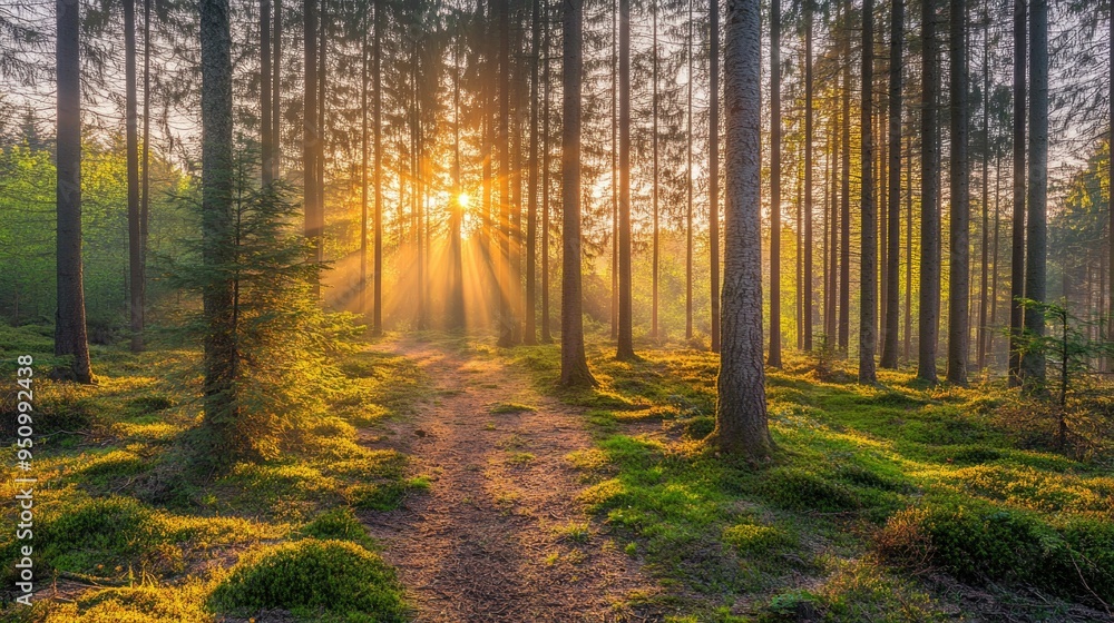 Obraz premium Silent Forest in spring with beautiful bright sun rays