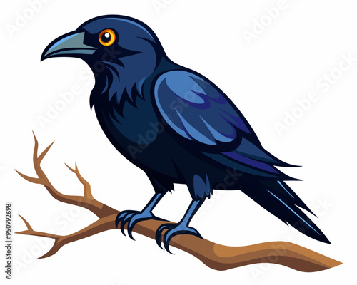 Crow Bird Vector Illustration Style with A Tree Branch On A White Background.