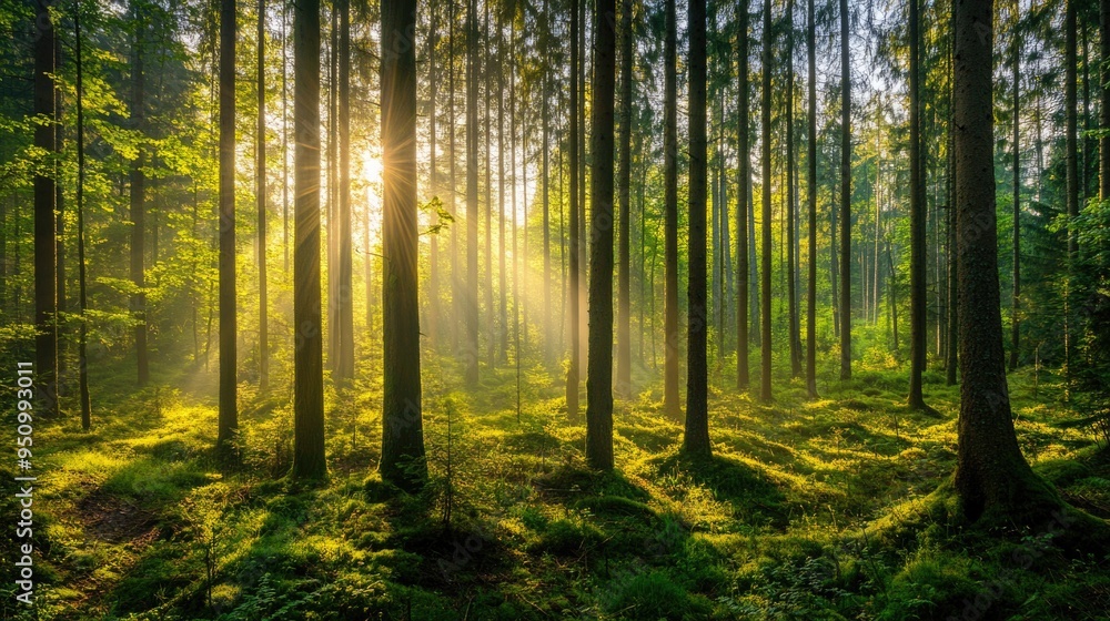 Silent Forest in spring with beautiful bright sun rays Silent Forest in spring with beautiful bright sun rays