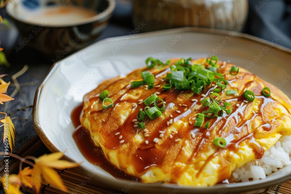 Japanese omurice on white plate Japanese omurice on white plate