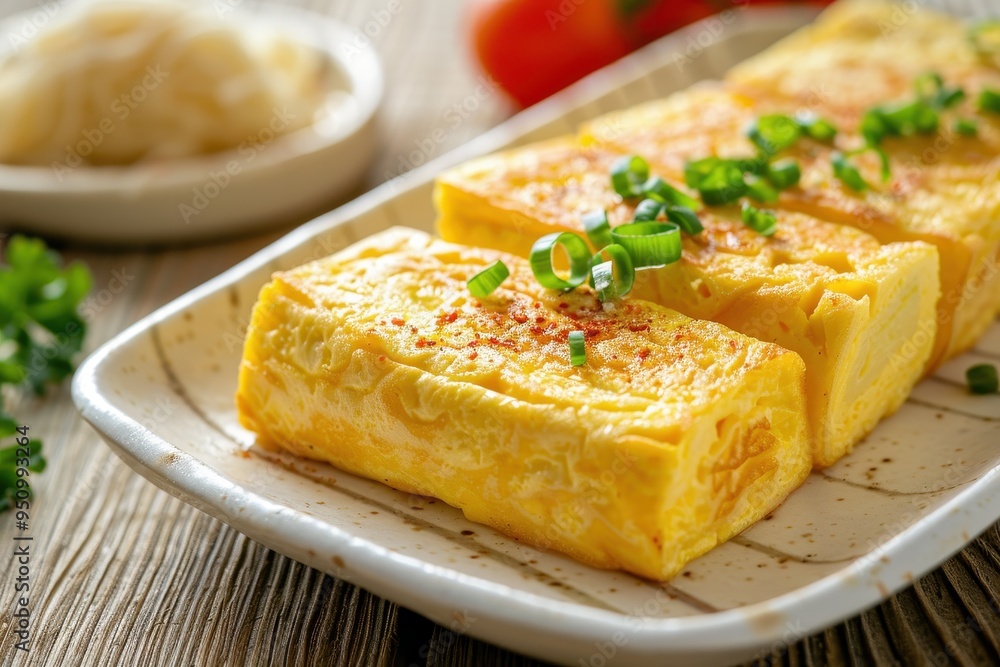 Japanese Rolled Omelette on white plate selective focus Japanese Rolled Omelette on white plate selective focus