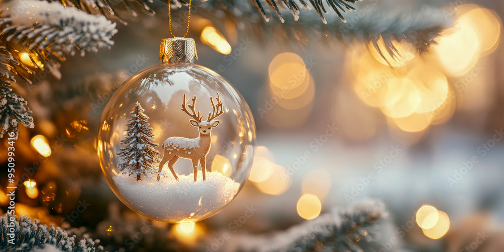 Festive Christmas tree ornament featuring a cheerful cute deer inside a glass bauble with a snowy pine tree backdrop, glowing warmly against a blurred, illuminated background.