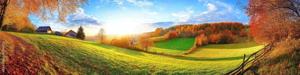 Magical landscape in autumn: sunny panorama of rural idyll Magical landscape in autumn: sunny panorama of rural idyll