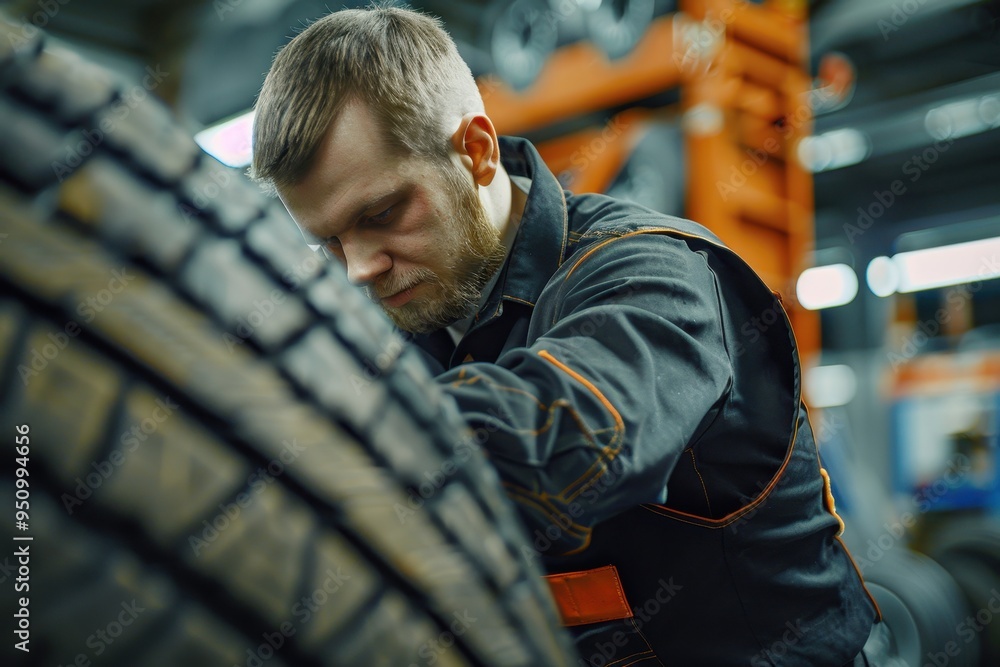 Male tire checker in the automotive industry Male tire checker in the automotive industry
