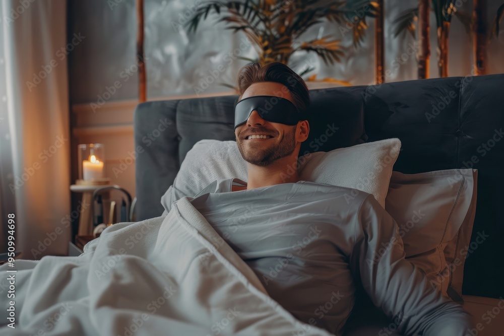 © VolumeThings - Man smiling wearing a sleeping mask ready to sleep