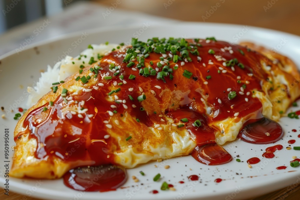 Omurice served on a white dish Omurice served on a white dish