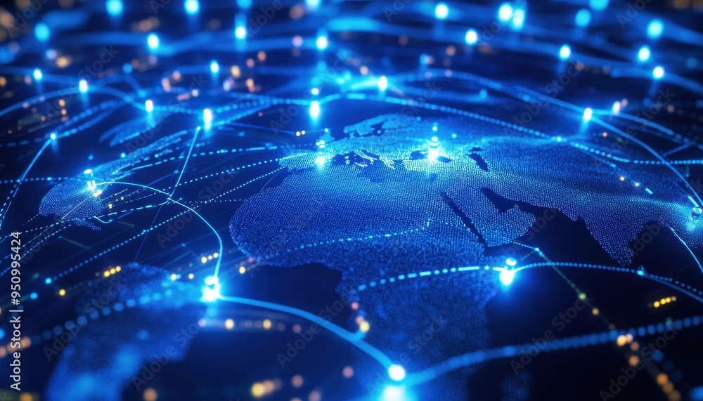 Glowing Blue Global Network Connections and Technology Landscape Glowing Blue Global Network Connections and Technology Landscape