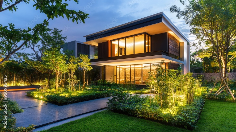 Fototapeta premium Modern house with garden at night