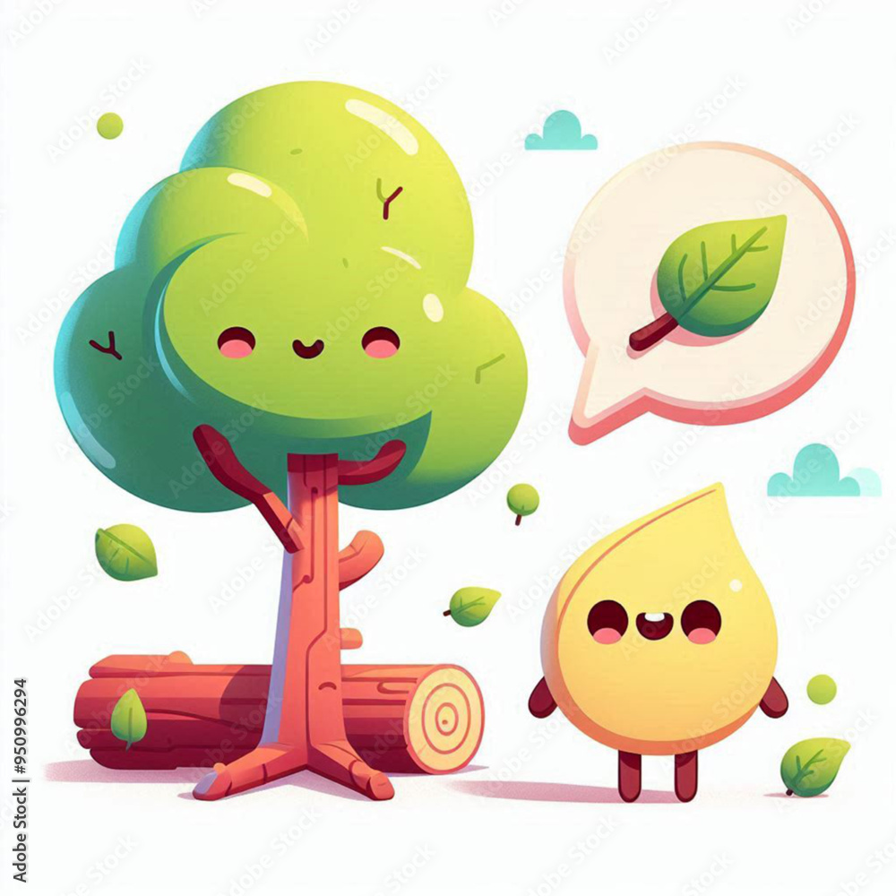 Obraz premium Cheerful Cartoon With Anthropomorphic Tree and Teardrop Character