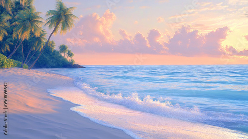 Tropical Dreamscape: A serene, pastel-colored beach scene at sunrise, with soft waves gently lapping at the shore and palm trees leaning toward