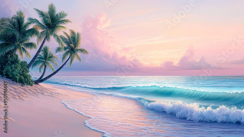 Tropical Dreamscape: A serene, pastel-colored beach scene at sunrise, with soft waves gently lapping at the shore and palm trees leaning toward