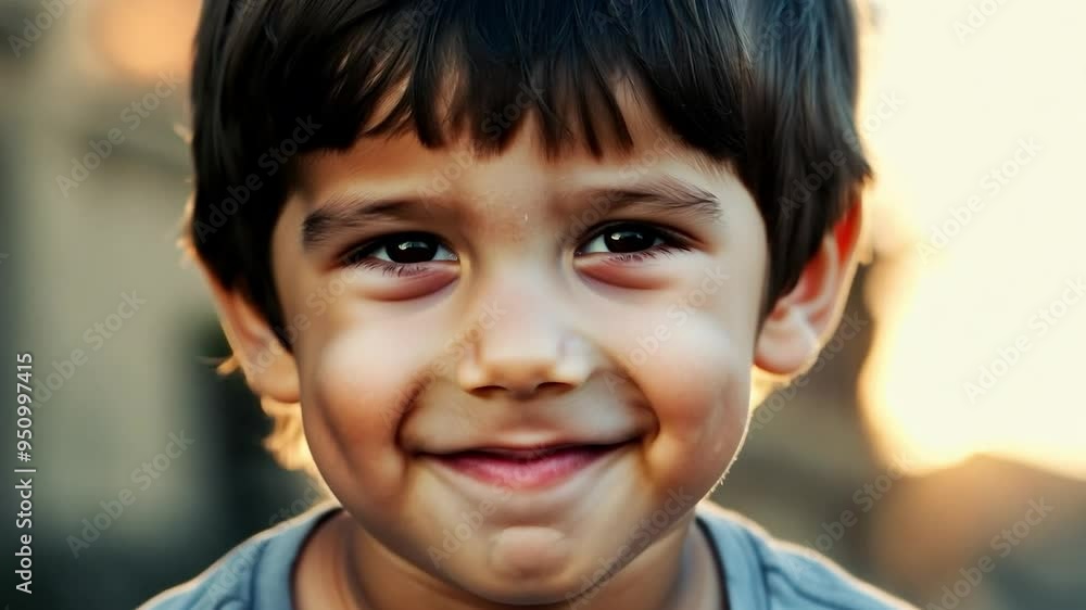 Boy gradually smiling expressing happiness Boy gradually smiling expressing happiness