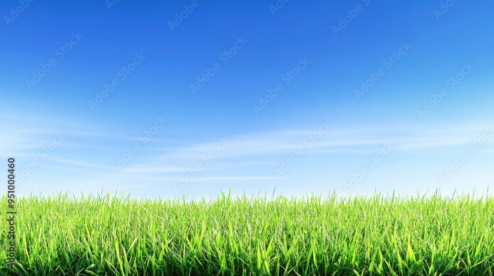 Green grass on blue clear sky, spring nature theme. Panorama